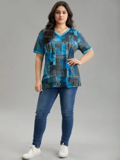 Geometric Print V Neck T-shirt -Bloomchic Shop 432650349 id