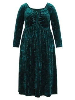 Velvet Ruched Ties Pocket Square Neck Dress -Bloomchic Shop 432923884 rd