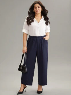 Solid Wide Leg Elastic Waist Pants -Bloomchic Shop 433604877 nu