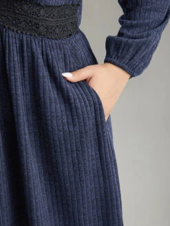 Rib Knit Lace Panel Contrast Pocket Dress -Bloomchic Shop 433716590 aq