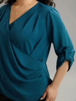 Solid Crossover Roll Tab Sleeve Blouse -Bloomchic Shop 433754080 vz