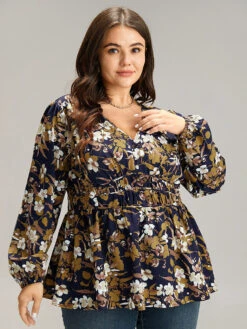 Floral Print Gathered Elastic Waist Blouse -Bloomchic Shop 433857425 xv