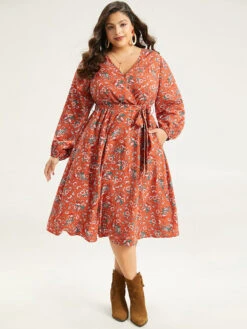 Floral Print Belted Elastic Cuffs Dress -Bloomchic Shop 434269961 pn