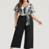 Marble Print Patchwork Wrap Ruffle Sleeve Belted Jumpsuit -Bloomchic Shop 434305011 qg