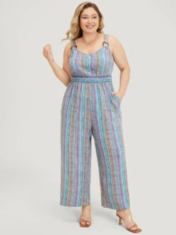 Striped Contrast Buckle Detail Pocket Shirred Jumpsuit -Bloomchic Shop 434581730 qi