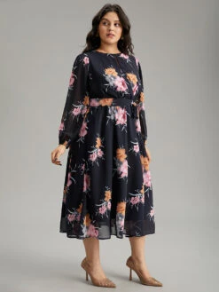 Chiffon Floral Print Keyhole Belted Pocket Dress -Bloomchic Shop 434647470 zv