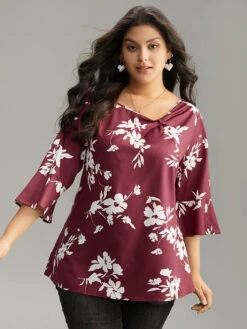 Silhouette Floral Print Ruffle Sleeve Twist Front Blouse