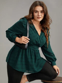 Plaid Wrap Ruched Lantern Sleeve Blouse -Bloomchic Shop 435551908 qs 3c9f2c6e 0eb3 4c16 aadb a1edcd3f0d0d