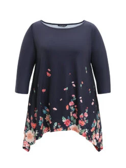 Floral Print Crew Neck Asymmetrical Hem T-shirt -Bloomchic Shop 435953856 ey