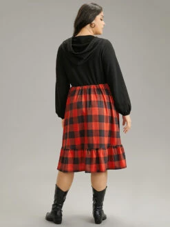 Plaid Patchwork Ruffle Hem Hooded Lantern Sleeve Dress -Bloomchic Shop 436144092 bl 0e476213 9d6f 4ccd 807f f918615f4a51