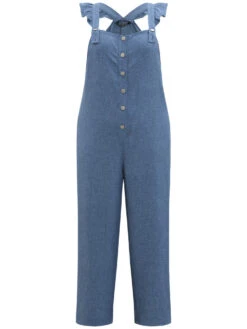 Plain Pocket Button Through Ruffle Trim Overall Jumpsuit -Bloomchic Shop 436500646 ta