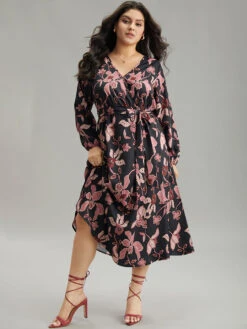 Floral Lantern Sleeve Belted Overlap Collar Dress -Bloomchic Shop 436682577 aw