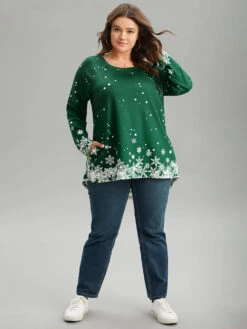Christmas Snowflake Raglan Sleeve High Low Hem T-shirt -Bloomchic Shop 437986919 tv
