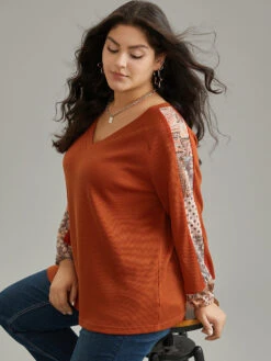 Waffle Knit Boho Print Patchwork Raglan Sleeve T-shirt