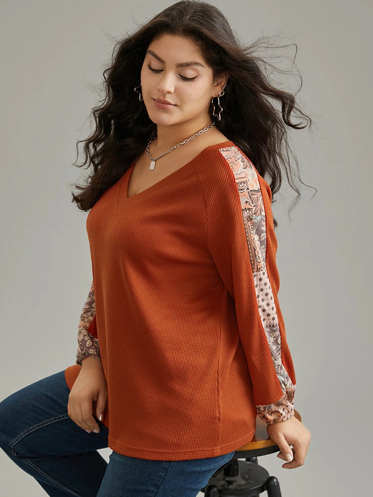 Waffle Knit Boho Print Patchwork Raglan Sleeve T-shirt 3 Waffle Knit Boho Print Patchwork Raglan Sleeve T-shirt