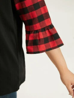 Plaid Patched Pocket Patchwork Contrast Bell Sleeve T-shirt 23 Plaid Patched Pocket Patchwork Contrast Bell Sleeve T-shirt -Bloomchic Shop 440360288 fh