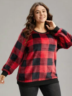 Plaid Print Round Neck Fluffy Sweatshirt 11 Plaid Print Round Neck Fluffy Sweatshirt -Bloomchic Shop 440579727 ec