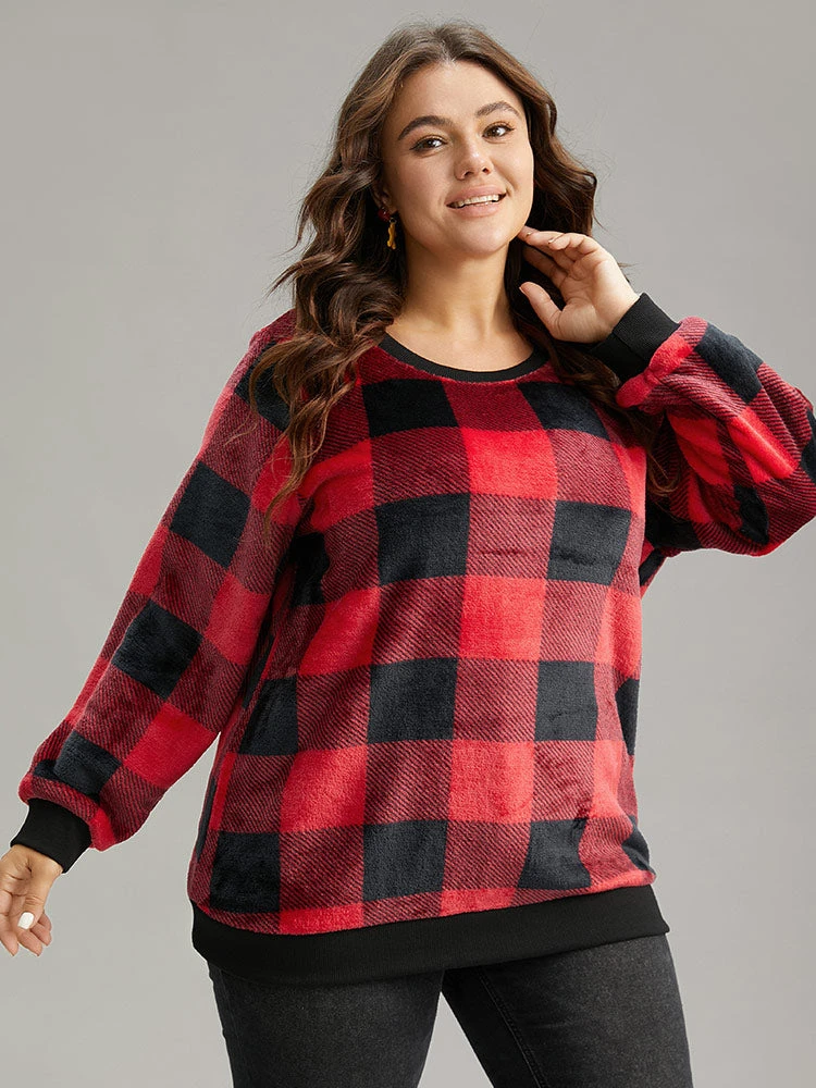 Plaid Print Round Neck Fluffy Sweatshirt 5 Plaid Print Round Neck Fluffy Sweatshirt - Image 3