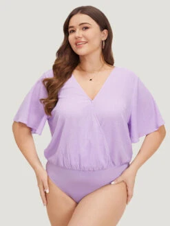 Solid Ruffle Sleeve V Neck Ruched Bodysuit -Bloomchic Shop 440731057 cs