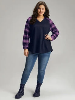 Plaid Print Hooded Patchwork Sweatshirt -Bloomchic Shop 440733734 rs