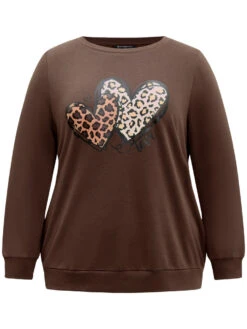 Heart Leopard Round Neck Sweatshirt -Bloomchic Shop 441039486 qy