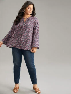 Ditsy Floral Notched Bell Sleeve Blouse 11 Ditsy Floral Notched Bell Sleeve Blouse -Bloomchic Shop 442060543 tb