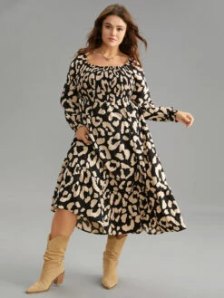 Leopard Shirred Square Neck Lantern Sleeve Dress -Bloomchic Shop 443436651 pt