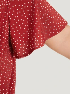 Polka Dot Elastic Waist Plicated Detail Ruffle Sleeve Bodysuit -Bloomchic Shop 443572462 tw