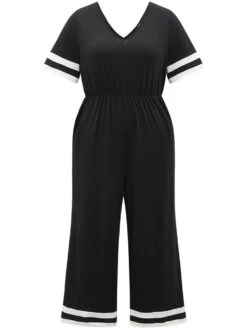 Striped Contrast V Neck Pocket Elastic Waist Jumpsuit 21 Striped Contrast V Neck Pocket Elastic Waist Jumpsuit -Bloomchic Shop 443919987 nu