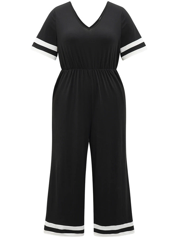 Striped Contrast V Neck Pocket Elastic Waist Jumpsuit 12 Striped Contrast V Neck Pocket Elastic Waist Jumpsuit - Image 10