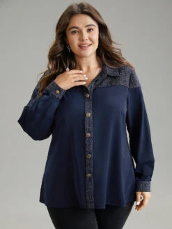 Shirt Collar Patchwork Textured Buckle Up Blouse -Bloomchic Shop 444595546 ll