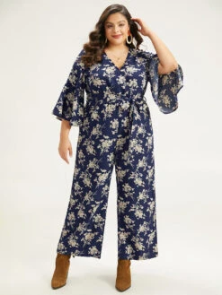 Floral Print Bell Sleeve Pocket Belted Jumpsuit -Bloomchic Shop 445668064 lg
