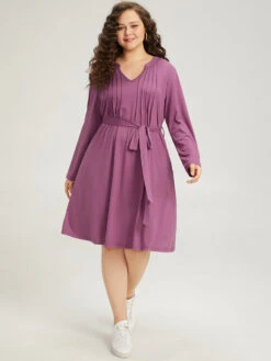 Solid Notched Pocket Pleated Belted Dress -Bloomchic Shop 447333267 df