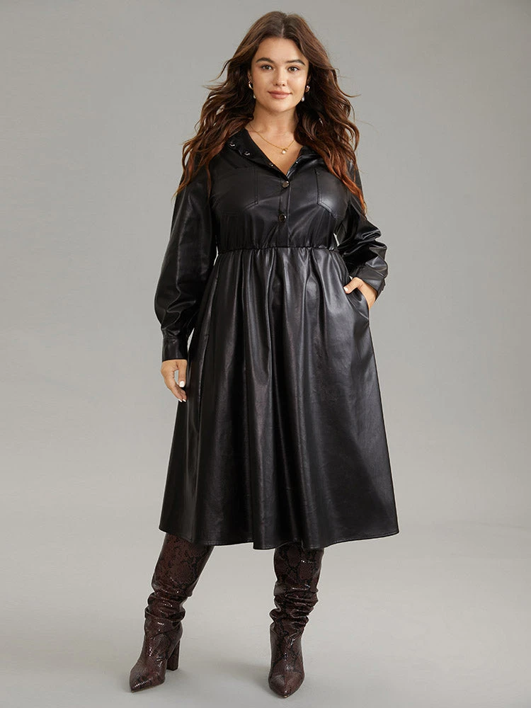 PU Leather Elastic Waist Button Up Dress 4 PU Leather Elastic Waist Button Up Dress - Image 2