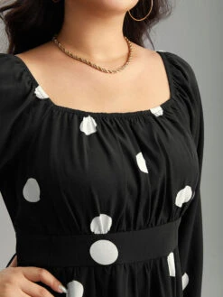 Polka Dot Square Neck Gathered Elastic Cuffs Dress -Bloomchic Shop 448428351 hh