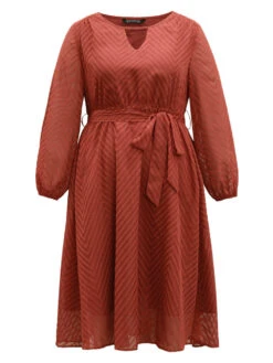 Plain Mesh Texture Keyhole Belted Lantern Sleeve Dress -Bloomchic Shop 448598653 is