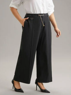 Static-Free Elastic Waist Chain Belted Pleated Pants -Bloomchic Shop 449358761 bp