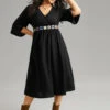 Plain Elastic Waist Embroidered Wrap Dress -Bloomchic Shop 449413879 xt