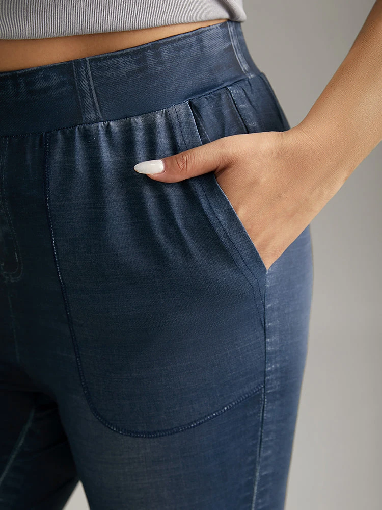 Denim Effect Prin Elastic Waist Flare Leg Leggings 8 Denim Effect Prin Elastic Waist Flare Leg Leggings - Image 6