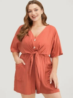 Solid Pocket Button Up Belted Knotted Front Romper -Bloomchic Shop 451271 lx