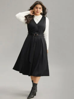 Plain Buckle Detail Surplice Neck Tank Dress -Bloomchic Shop 451361660 ky