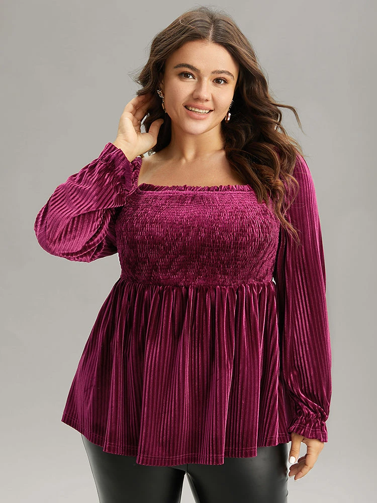 Velvet Frill Trim Shirred Square Neck Blouse 5 Velvet Frill Trim Shirred Square Neck Blouse - Image 3