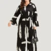 Brush Print Button Up Belted Bell Sleeve Jumpsuit -Bloomchic Shop 452642989 es