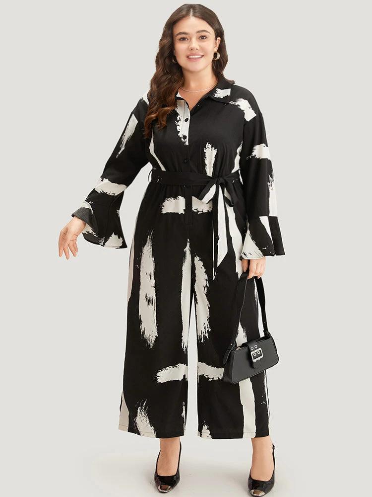Brush Print Button Up Belted Bell Sleeve Jumpsuit 3 Brush Print Button Up Belted Bell Sleeve Jumpsuit