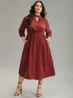 Polka Dot Keyhole Pocket Mock Neck Dress