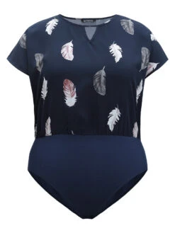Feather Print Keyhole Batwing Sleeve Bodysuit -Bloomchic Shop 454977398 vv