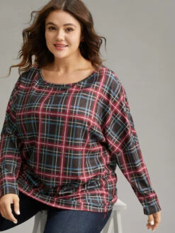 Plaid Dolman Sleeve Round Neck T-shirt -Bloomchic Shop 455740675 dh