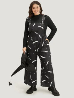 Halloween Bat Print Pocket Frill Trim Gathered Jumpsuit 10 Halloween Bat Print Pocket Frill Trim Gathered Jumpsuit -Bloomchic Shop 456313497 od