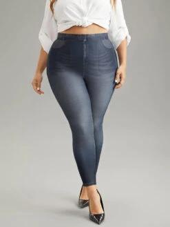 Denim Effect Print Pocket High Rise Leggings -Bloomchic Shop 456324174 lz