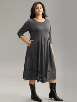 Plain Elastic Waist Laser Cut Crew Neck Dress 11 Plain Elastic Waist Laser Cut Crew Neck Dress -Bloomchic Shop 45642182 rk